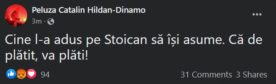Începe un nou scandal la Dinamo! PCH, mesaj amenințător, după demiterea lui Rednic: „Vei plăti!”