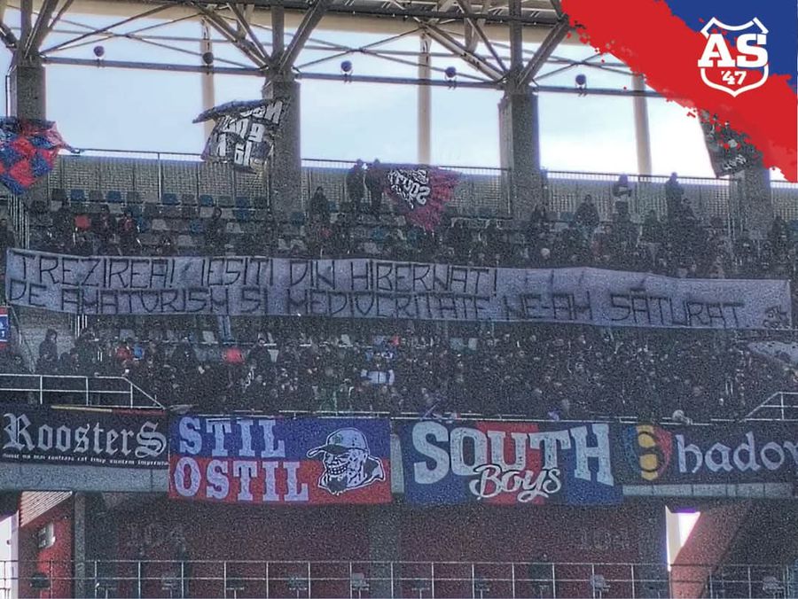 Mesajul afișat azi de Peluza Sud Steaua în Ghencea, la nici 48 de ore de la performanța istorică reușită de FCSB