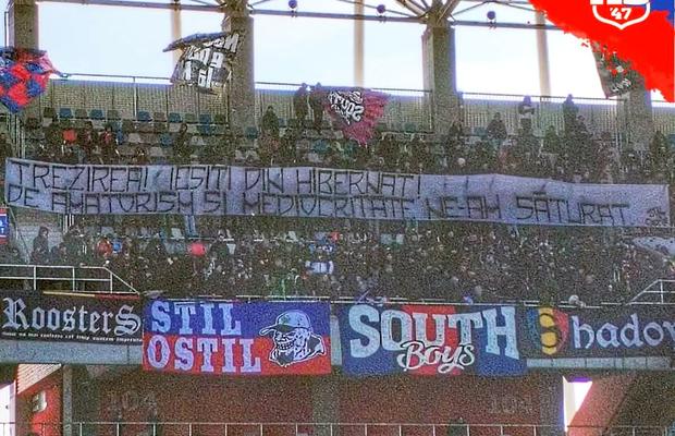 Mesajul afișat azi de Peluza Sud Steaua în Ghencea, la nici 48 de ore de la performanța istorică reușită de FCSB