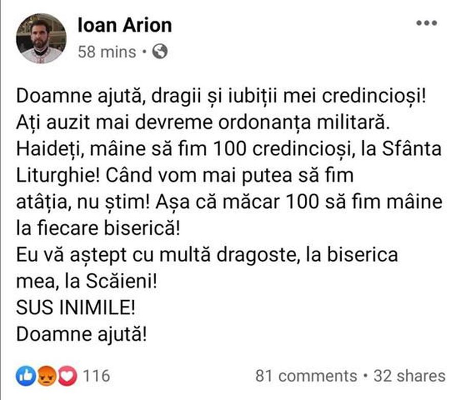 CORONAVIRUS / Mesajul unui preot pe Facebook, imediat după ordonanța militară: „Măcar 100 să fim mâine la biserică”