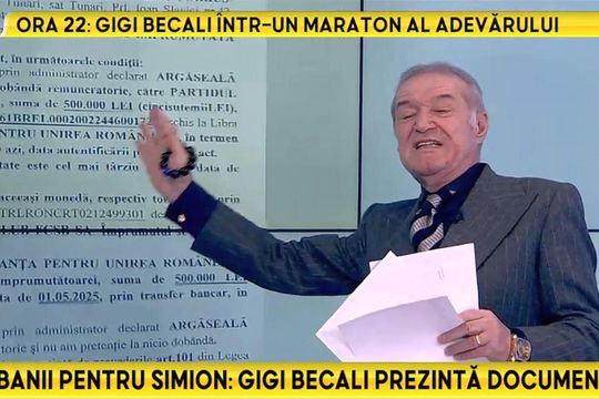 Gigi Becali, iar pe fundal documentul prin care FCSB a creditat partidul AUR