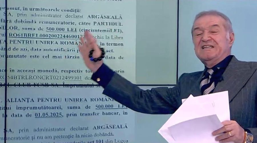 În document sunt vizibile suma împrumutată (500.000 de lei) și numele lui Valeriu Argăseală ca reprezentant al FCSB-ului Gigi Becali a arătat la TV cum s-a folosit de FCSB pentru a împrumuta partidul! » Argăseală a semnat actele