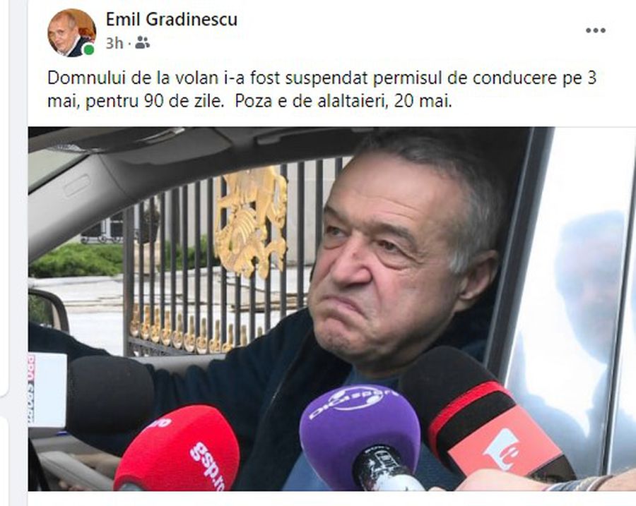 Postarea lui Emil Grădinescu: „Gigi Becali, la volan, la 17 zile de când i-a fost suspendat permisul pentru 3 luni” » Replica patronului FCSB + ce spune legea