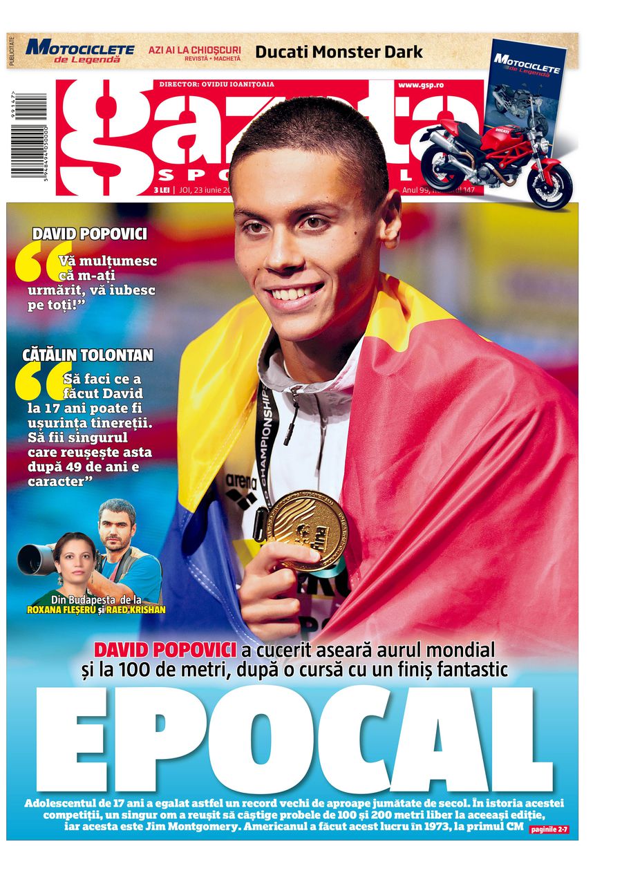 Nu rata, azi, o ediție specială a Gazetei Sporturilor » 7 pagini dedicate lui David Popovici, dublu campion mondial