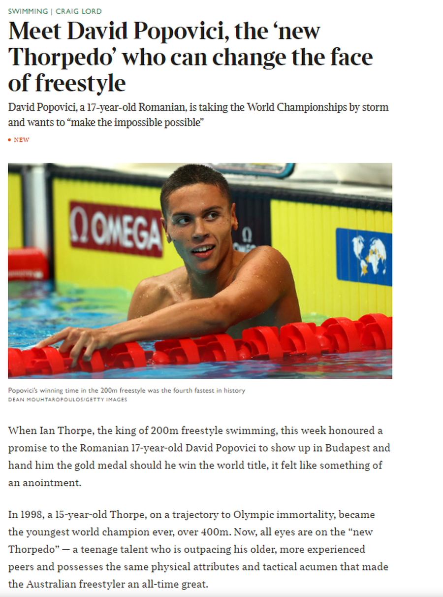 The Times, la picioarele lui Popovici: „Poate schimba fața înotului! Toți ochii sunt pe «noul Thorpedo»” » Ce a scris L'Equipe