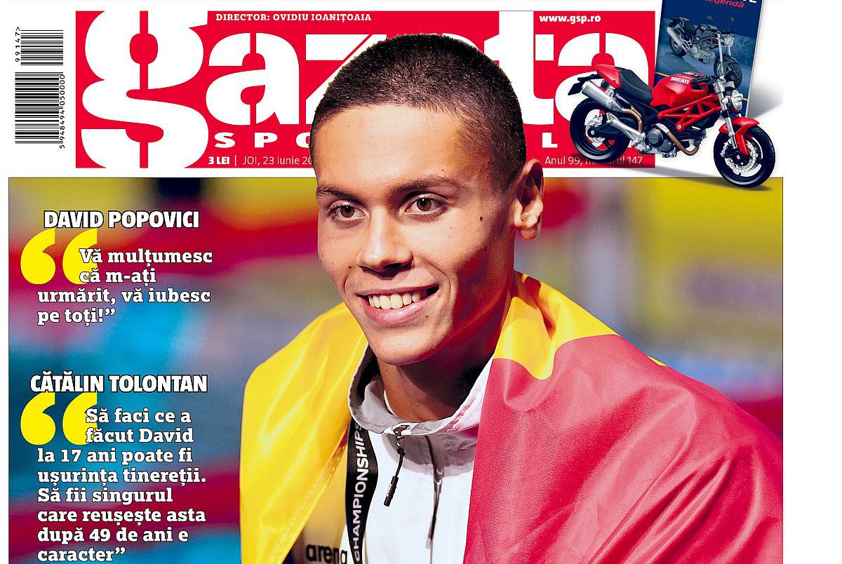 Nu rata, azi, o ediție specială a Gazetei Sporturilor » 7 pagini dedicate lui David Popovici, dublu campion mondial