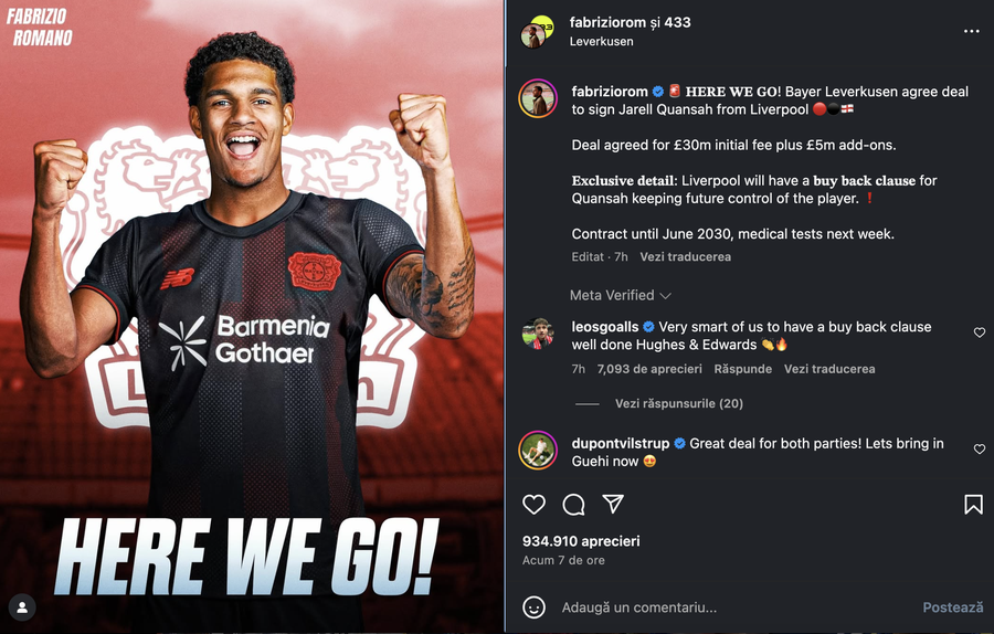Anunțul oficial făcut de Fabrizio Romano pe pagina sa de Instagram Și Leverkusen cumpără de la Liverpool, nu este valabil doar invers