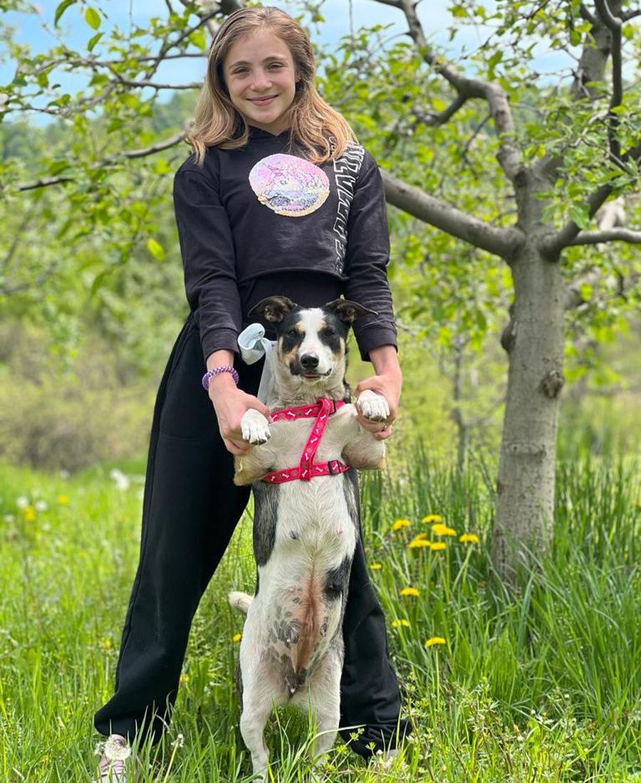 Cu unul dintre cățeii săi Sabrina, tânăra gimnastă cu visuri mărețe: „Vreau să devin campioană olimpică la Paris!” » Mama, Camelia Voinea, o călăuzește: „A suferit foarte mult. Fără mine, s-ar fi lăsat”