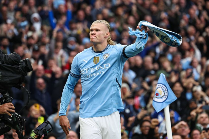 Erling Haaland (24 de ani) a deschis scorul în derby-ul Manchester City - Arsenal și a ajuns la golul cu numărul 100 în tricoul „cetățenilor”/ foto Imago Images