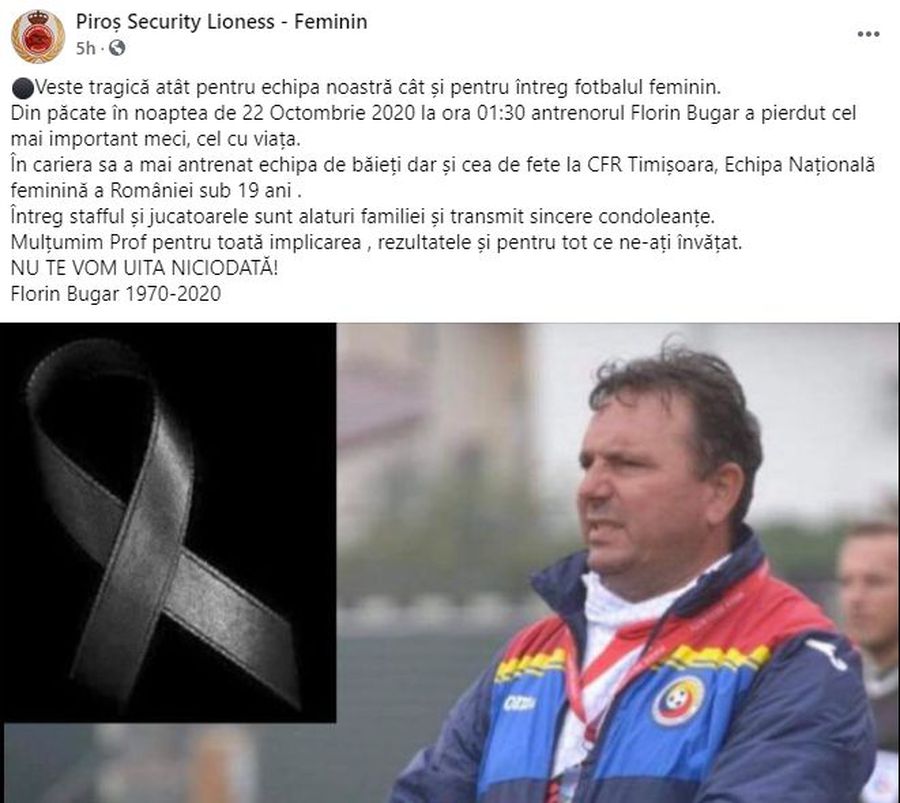 Tragedie în fotbalul românesc » Selecționerul naționalei feminine de tineret a decedat la doar 49 de ani, după ce a fost infectat cu COVID-19