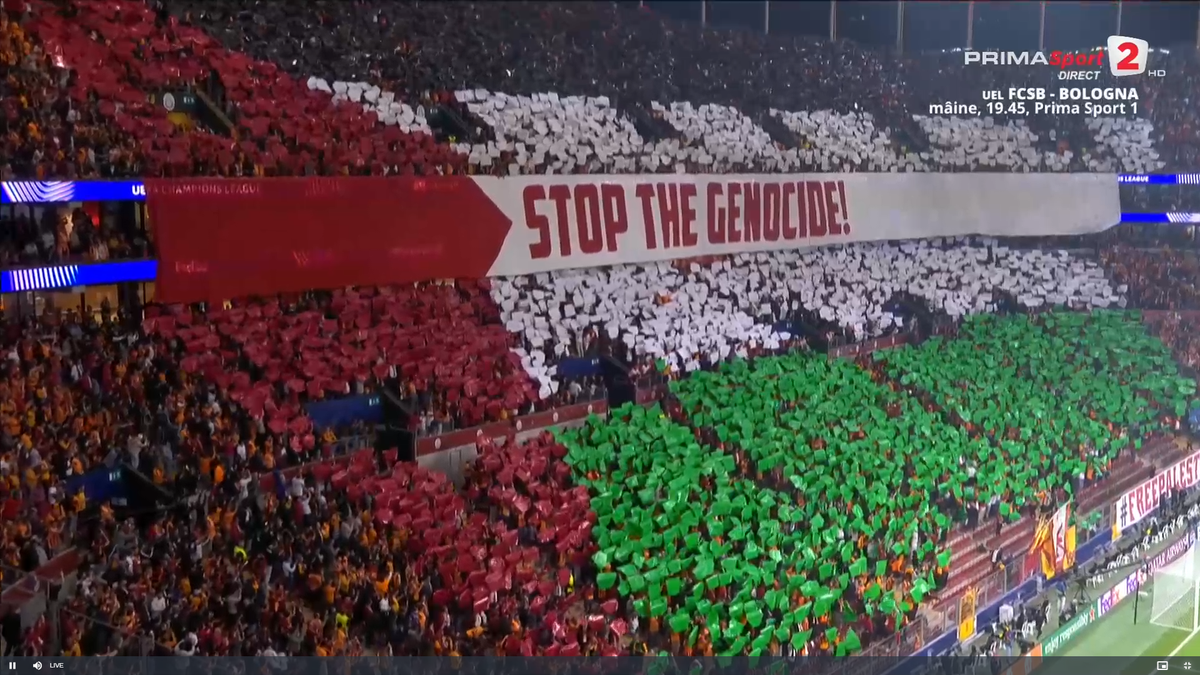 Scenografie pro-Palestina la meciul din Liga Campionilor: „Opriți genocidul!”