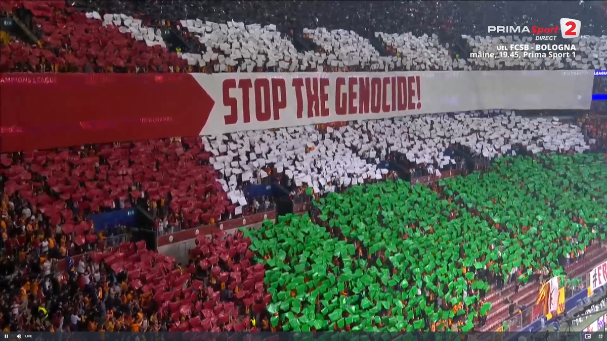 Scenografie pro-Palestina la meciul din Liga Campionilor: „Opriți genocidul!”