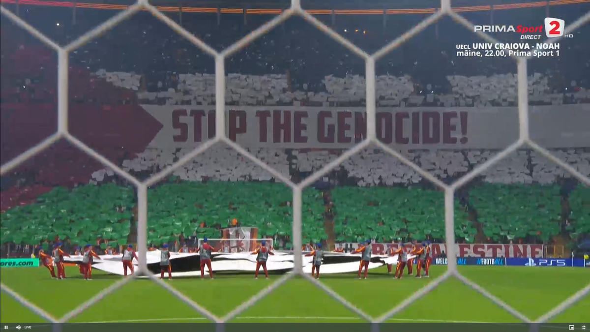 Scenografie pro-Palestina la meciul din Liga Campionilor: „Opriți genocidul!”