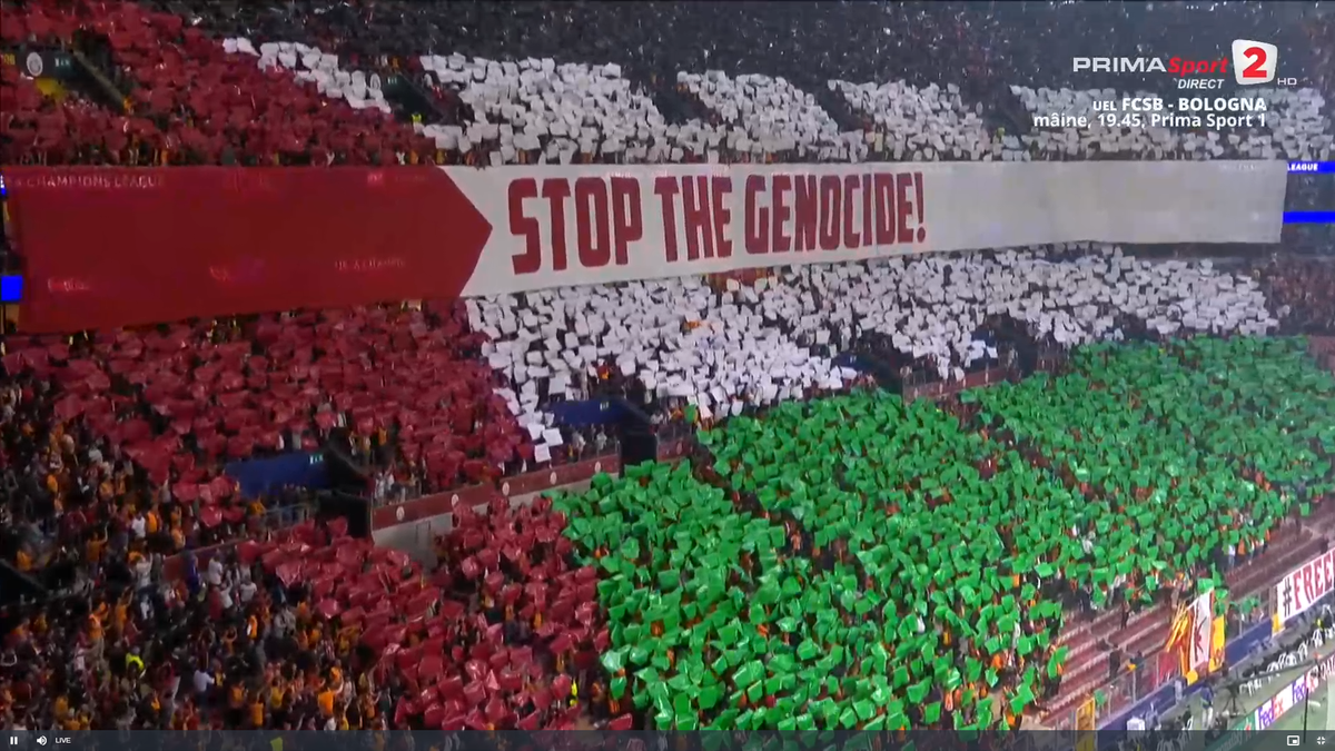 Scenografie pro-Palestina la meciul din Liga Campionilor: „Opriți genocidul!”