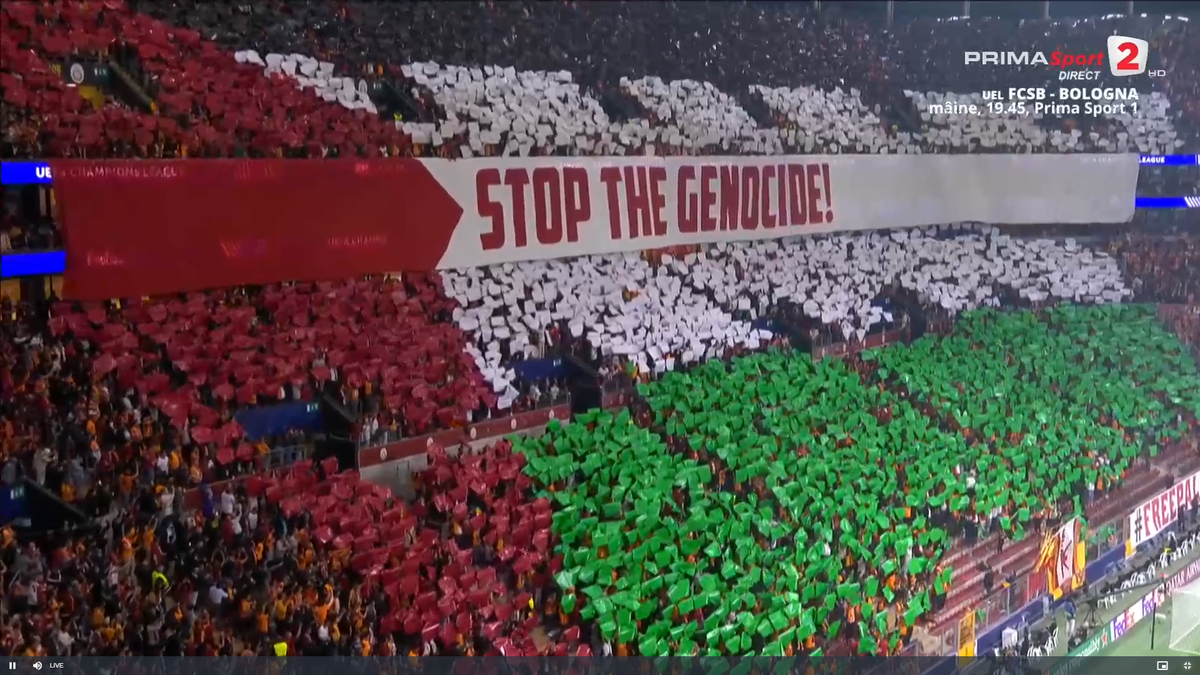 Scenografie pro-Palestina la meciul din Liga Campionilor: „Opriți genocidul!”