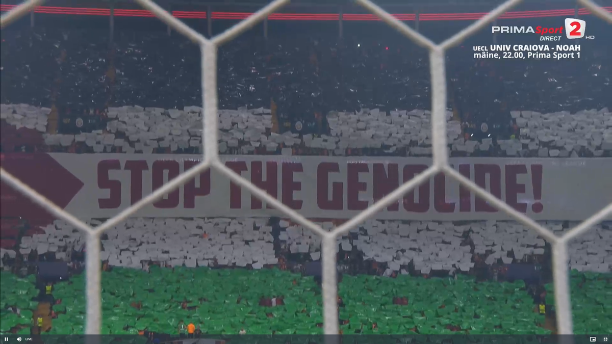 Scenografie pro-Palestina la meciul din Liga Campionilor: „Opriți genocidul!”