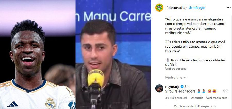 Neymar a citit declarațiile lui Rodri și a răbufnit: „Cu timpul, Vinicius va realiza...”