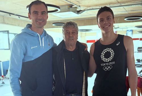 David Popovici, Mircea Lucescu și Dragoș Luscan  // foto: Instagram