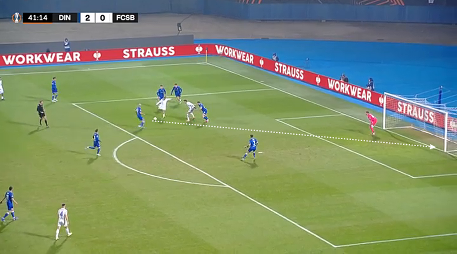 Golul reușit de Daniel Bîrligea cu Dinamo Zagreb // foto: wyscout Vinovații FCSB pentru eșecul de la Zagreb: Ngezana a fost DEZASTRUOS, Olaru are o statistică negativă uluitoare » Singurul „motor” a fost schimbat la 1-2