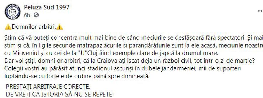 Peluza Sud '97 amenință cu acte de violență, înainte de FC U Craiova 1948 - Farul: „Matrapazlâcurile sunt la ele acasă!”