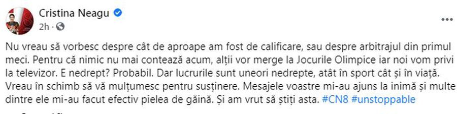 Cristina Neagu, mesaj după ratarea calificării la Jocurile Olimpice: „E nedrept? Probabil!”