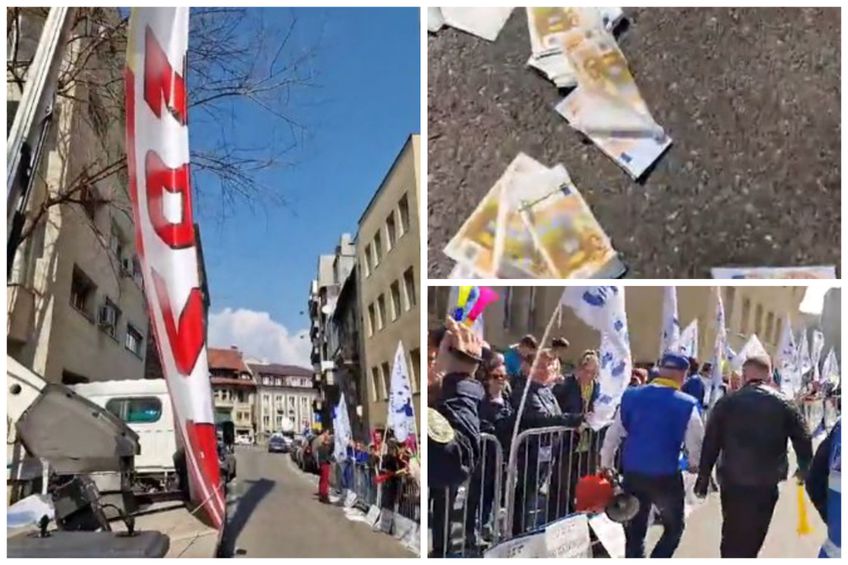 Protest cu macara, bani falși și arestări în fața Ministerului Sportului