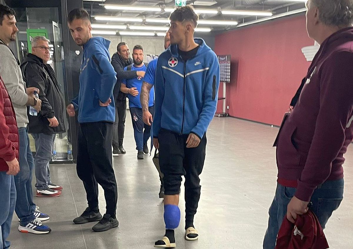 Florinel Coman a apărut cu tibia „împachetată” după Rapid - FCSB. Ironii acide: „Feșnic a arbitrat super! Ați văzut cum am sărit trei metri, nu?”