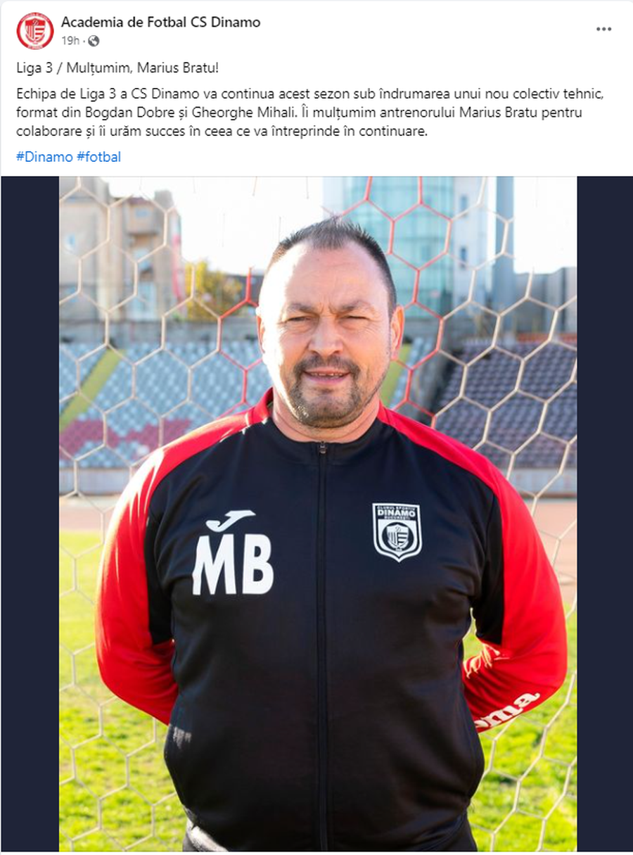 Prima în play-off-ul din Liga 3, CS Dinamo și-a schimbat antrenorul » O legendă a „câinilor” a venit în loc