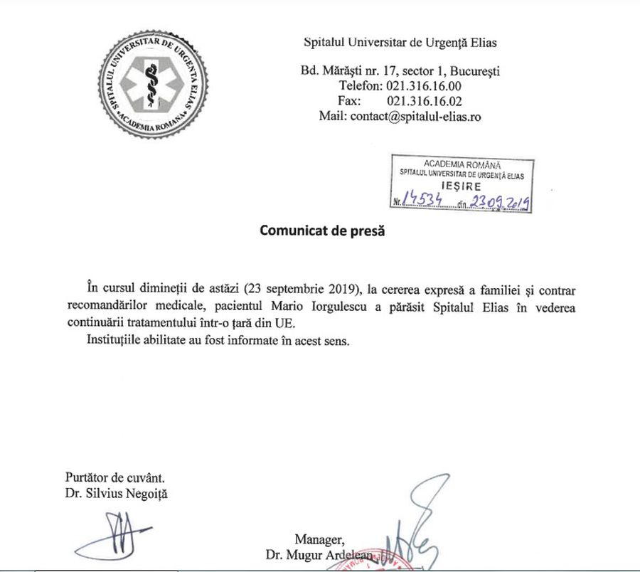 Comunicatul de presă al Spitalului Elias
