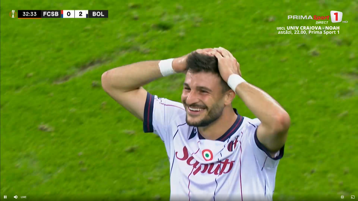 Umilință supremă pentru apărarea celor de la FCSB » Jucătorul de la Bologna l-a imitat pe Zidane în careu, apoi a izbucnit în râs