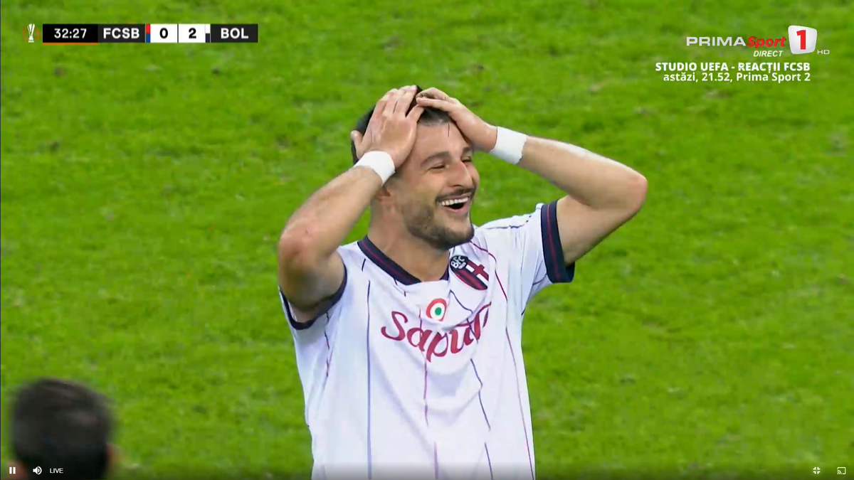 Umilință supremă pentru apărarea celor de la FCSB » Jucătorul de la Bologna l-a imitat pe Zidane în careu, apoi a izbucnit în râs