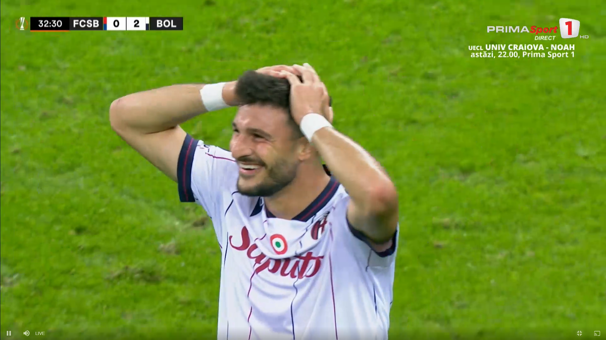 Umilință supremă pentru apărarea celor de la FCSB » Jucătorul de la Bologna l-a imitat pe Zidane în careu, apoi a izbucnit în râs