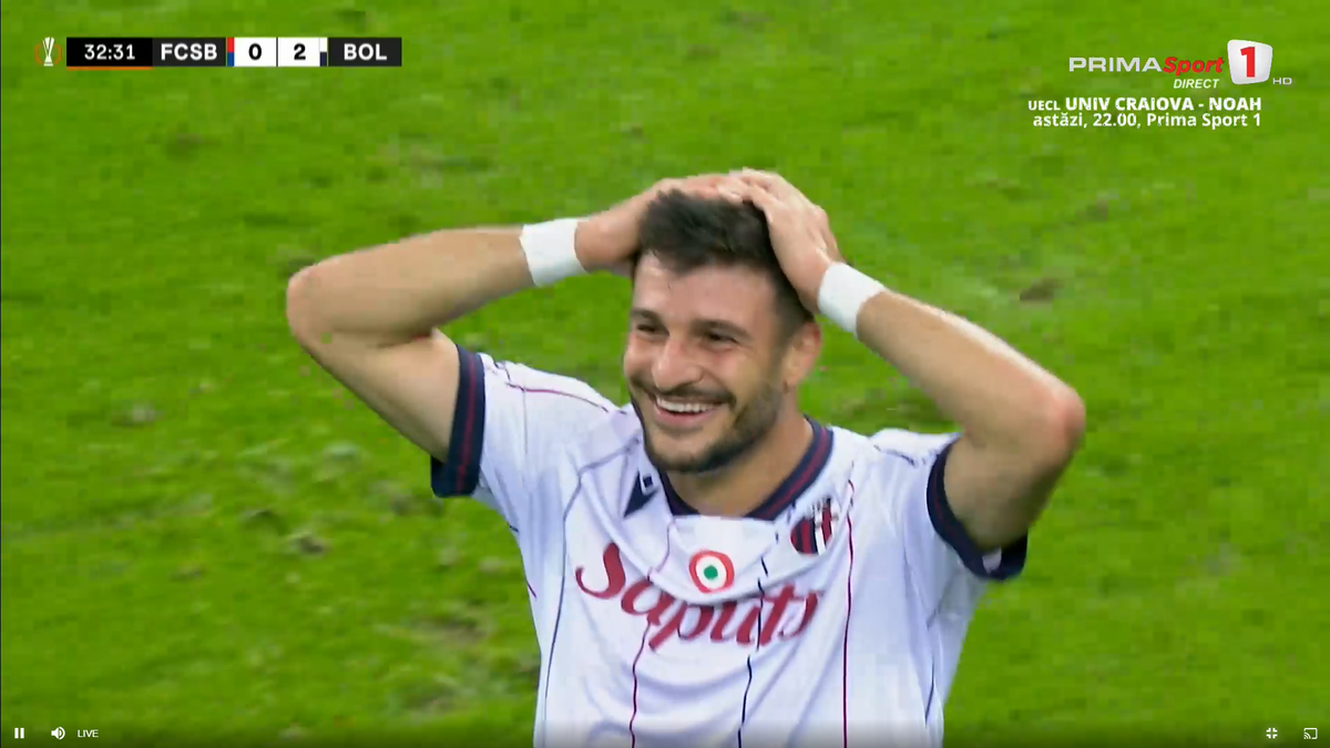 Umilință supremă pentru apărarea celor de la FCSB » Jucătorul de la Bologna l-a imitat pe Zidane în careu, apoi a izbucnit în râs