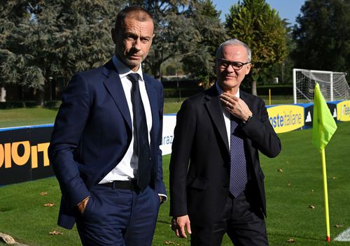 Aleksander Ceferin (stânga), la centrul sportiv național al Italiei de la Coverciano Foto: Guliver/GettyImages