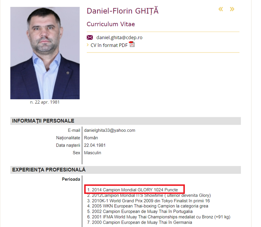 CV-ul de deputat al lui Daniel Ghiță, între fals și haz » Fostul luptător a pus la aptitudini că știe să transcrie date de pe PC pe „format electronic CD, stick”. Și că e campion mondial Glory, deși nu e!