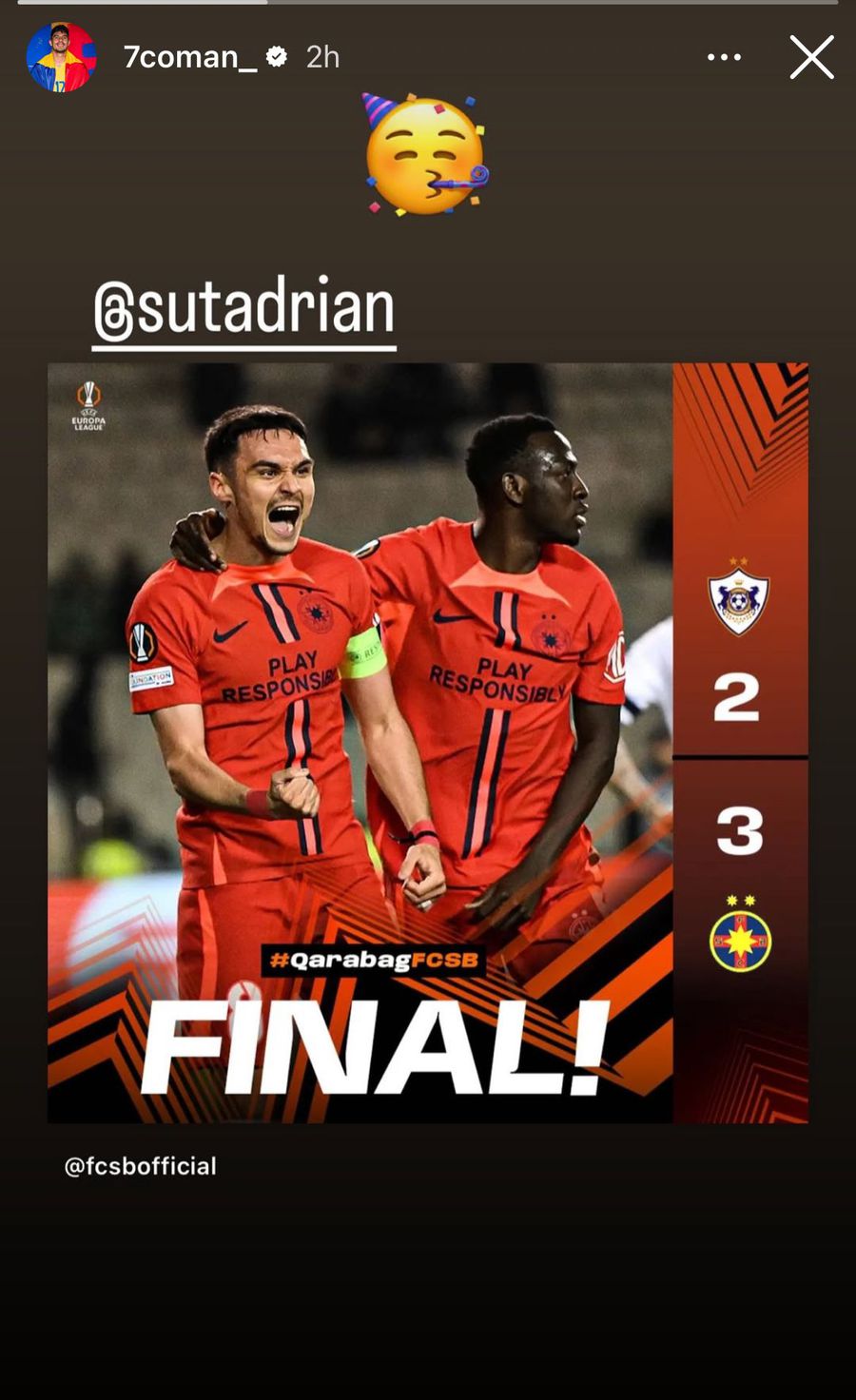 Postarea făcută de Florinel Coman la miezul nopții, imediat după Qarabag - FCSB 2-3