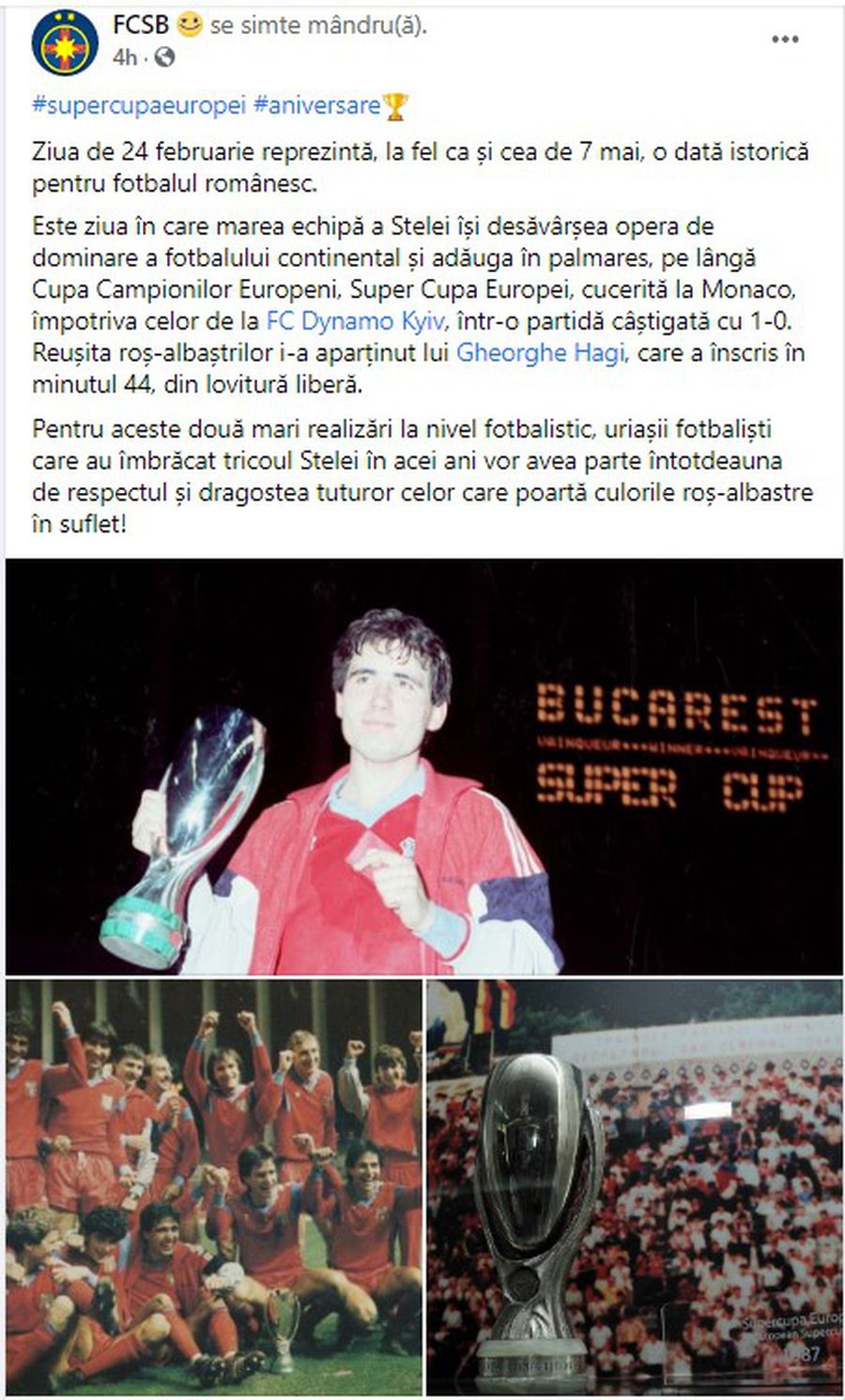 FCSB se laudă pe Facebook cu Supercupa Europei cucerită de Steaua în urmă cu 34 de ani: „O dată istorică pentru fotbalul românesc”