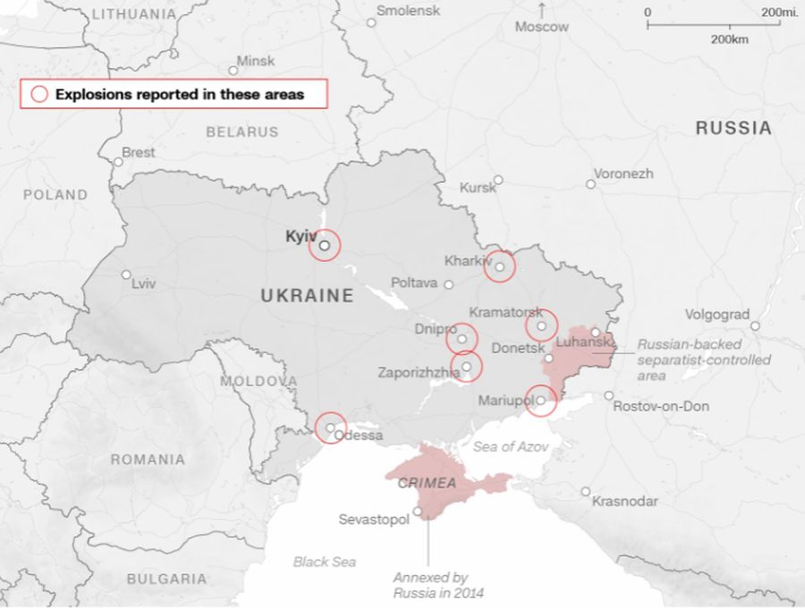 Locurile în care au fost raportare explozii, potrivit CNN Rusia a invadat Ucraina » Insula Șerpilor, capturată!