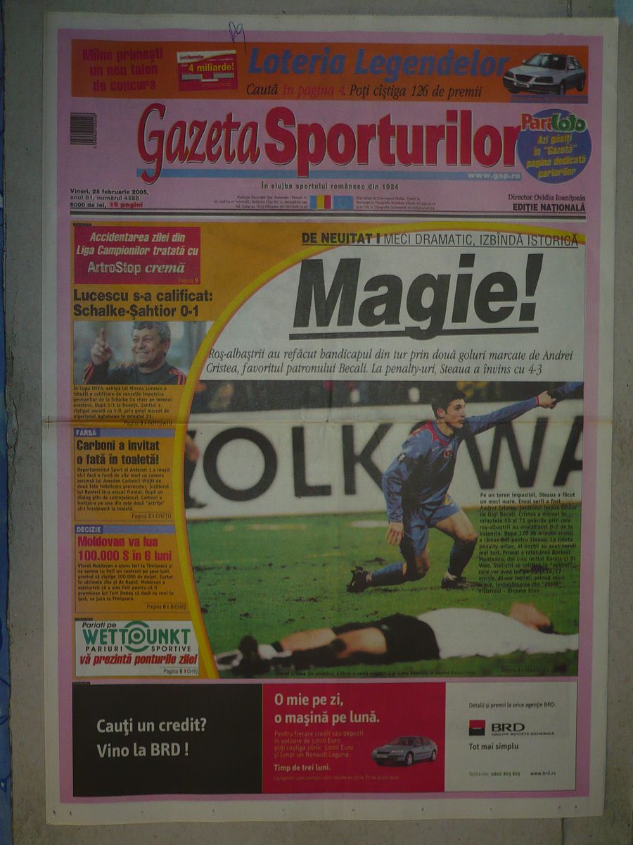 Prima pagină din Gazeta Sporturilor după FCSB - Valencia 20 de ani de la FCSB - Valencia, o dispută legendară » Gigi Becali: „În timpul meciului m-a sunat Elena Udrea, că vrea Băsescu să vorbim”