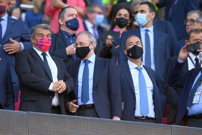 Joan Laporta și Florentino Perez (primii doi din stânga) pun la cale o nouă versiune pentru Super Liga Europei // Foto: Getty Images
