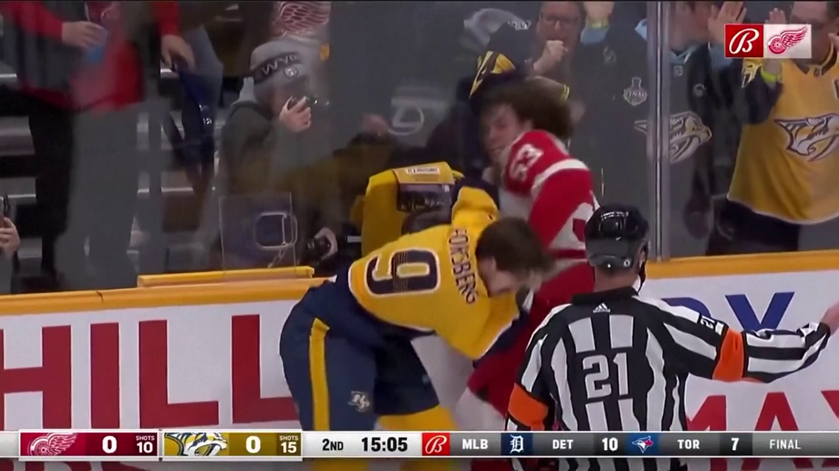 Bătaie pe gheață: Filip Forsberg (Nashville Predators) și Moritz Seider (Detroit Red Wings)