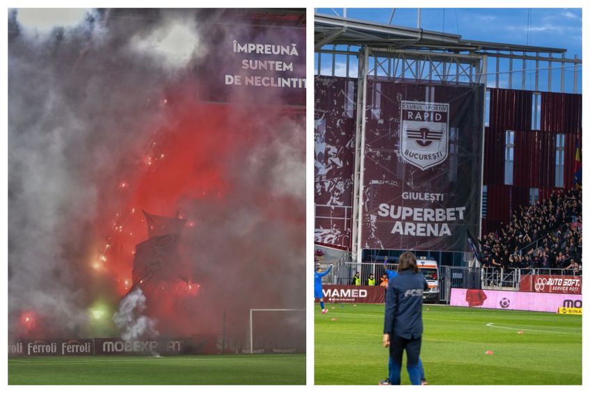 Atât galeria Rapidului, cât și cea a celor de la FCSB, a afișat bannere pe stadionul Giulești duminică seară, la meciul câștigat de trupa pregătită de Adrian Mutu (44 de ani), scor 1-0, în runda cu numărul 5 din play-off-ul Superligii.