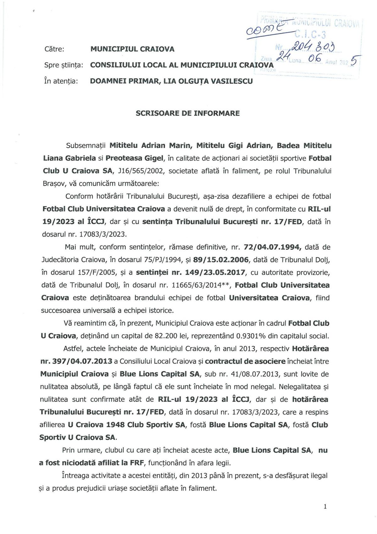 Acționarii FCU Craiova, scrisoare deschisă către Lia Olguța Vasilescu: „În speranța că veți întreprinde demersurile cerute de lege”