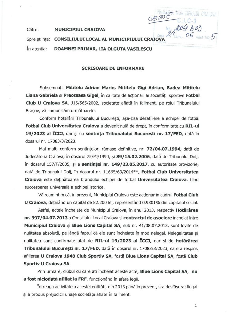 Scrisoare FCU Craiova 1