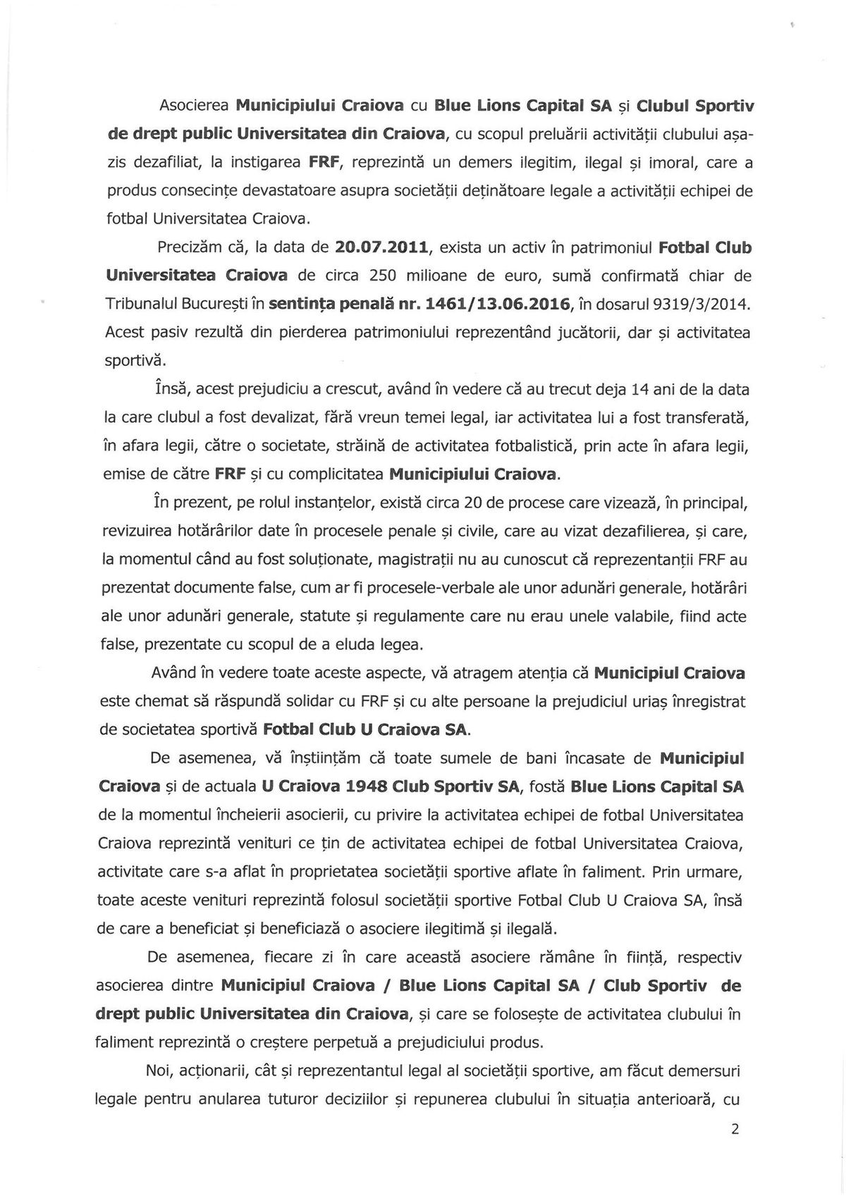 Acționarii FCU Craiova, scrisoare deschisă către Lia Olguța Vasilescu: „În speranța că veți întreprinde demersurile cerute de lege”