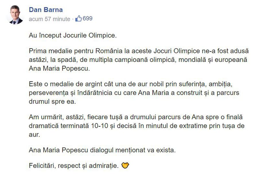 Dan Barna a comis-o din nou! Ce a scris după medalia obținută de Ana Maria Popescu la Jocurile Olimpice