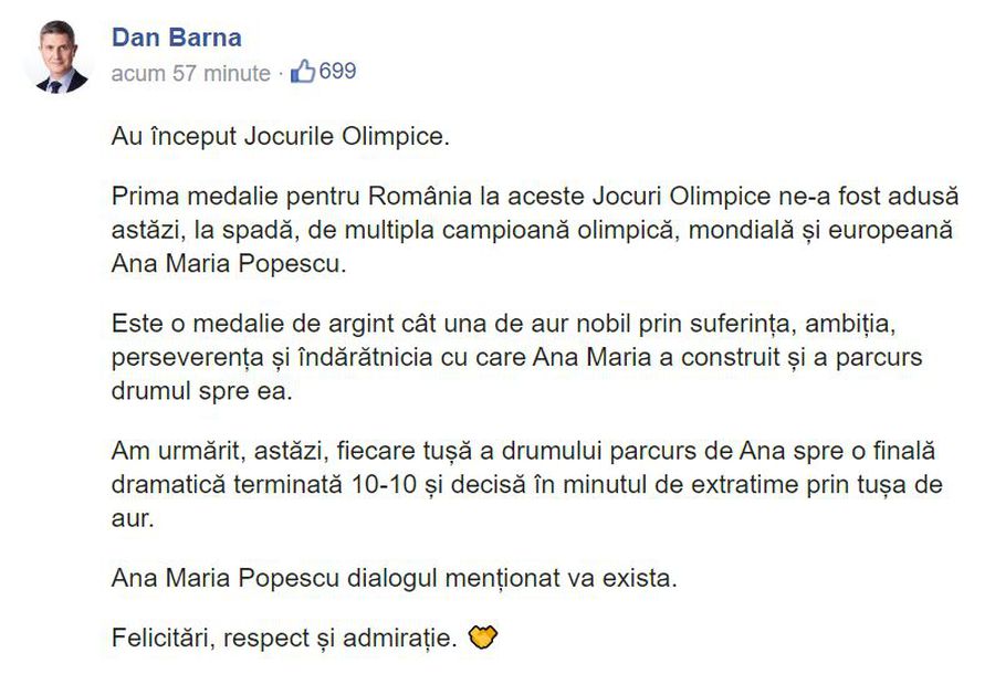 Postarea lui Dan Barna după editare Dan Barna a comis-o din nou! Ce a scris după medalia obținută de Ana Maria Popescu la Jocurile Olimpice