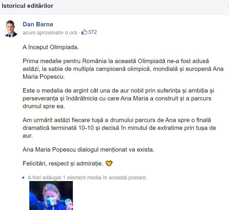 Postarea inițială a lui Dan Barna, înainte de editare Dan Barna a comis-o din nou! Ce a scris după medalia obținută de Ana Maria Popescu la Jocurile Olimpice