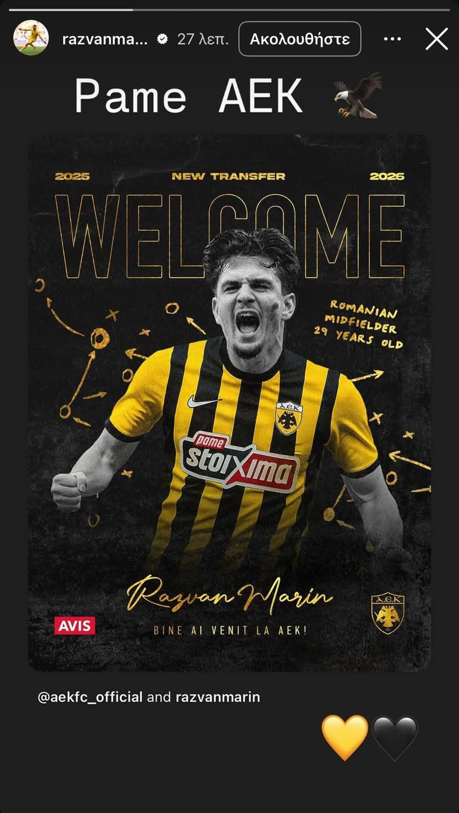 Prima reacție a lui Răzvan Marin după transferul la AEK Atena Răzvan Marin poate debuta diseară la noua echipă! A prins în ultimul moment lista UEFA