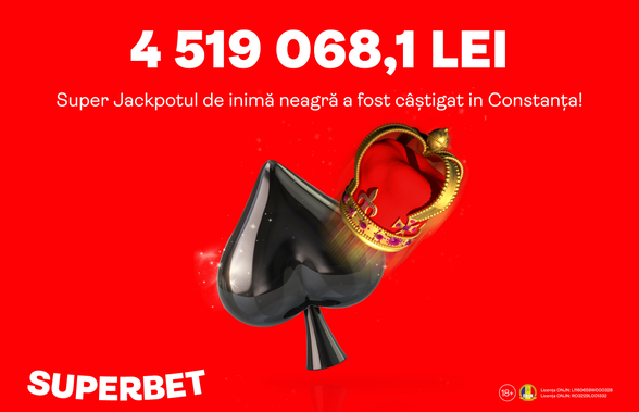 SuperJackpotul de inimă neagră în valoare de 4,5 Milioane de lei a fost lovit în weekend la Superbet